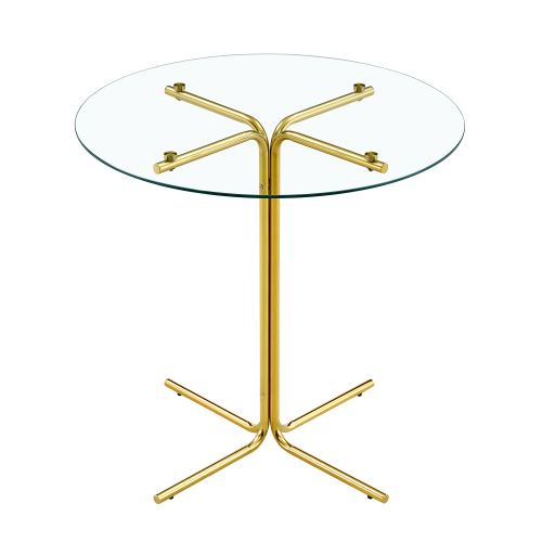Round glass bar high table, 36 inch round bar table, tempered glass tabletop, sturdy gold chrome plated four column support, suitable for transparent round bar tables in small spaces, kitchens