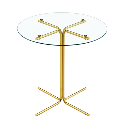 Round glass bar high table, 36 inch round bar table, tempered glass tabletop, sturdy gold chrome plated four column support, suitable for transparent round bar tables in small spaces, kitchens