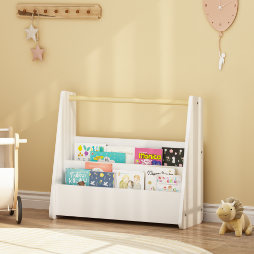 Kids Front-Facing Bookshelf with Wooden Handle 2-Tier White