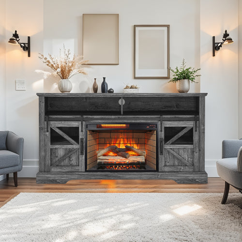 60 Inch Electric Fireplace Entertainment Center With Door Sensor-Dark Rustic Oak