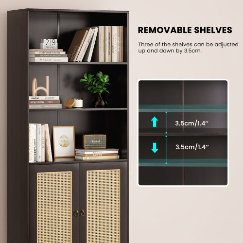 Walnut Tall 5-Tier Bookshelf With Rattan Closed Doors Large-Capacity Wooden Home Library Storage Bookcase
