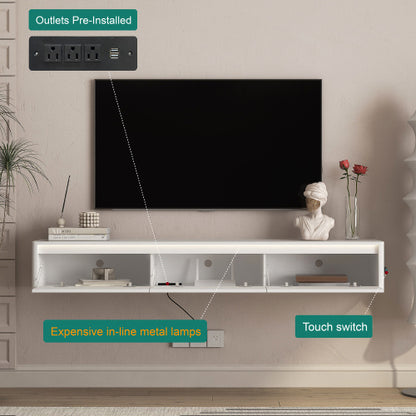 Fluted Floating Wall Mount TV Shelf with Touch LED Lighting & Power Charging Ports for Living Room