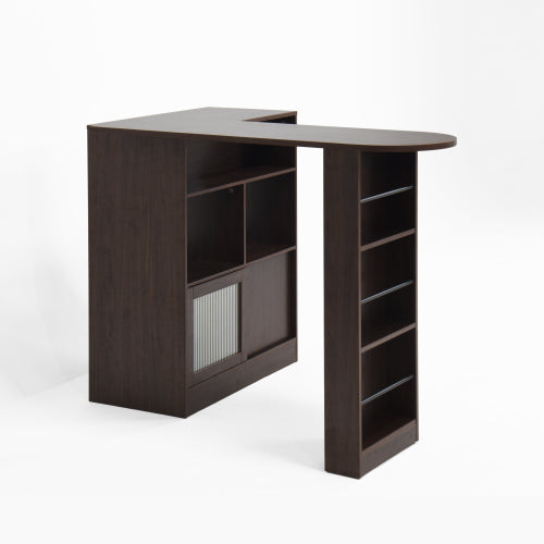 Modern Bar Cabinet with Rotating top, Counter Height Dining Cabinet with 6 Storage space and 2 Ribbed Glass Door for Kitchen, The Rotating Top with 3 Storage Shelves Dining Room, Living Room, Walnut