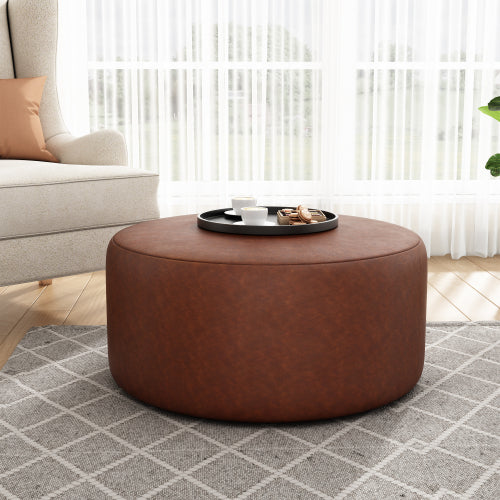 30 Inch Brown PU Leather Round Ottoman, Upholstered Modular Footrest with Plywood Frame and Pocket Coil Spring Cushions