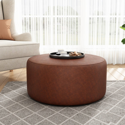 30 Inch Brown PU Leather Round Ottoman, Upholstered Modular Footrest with Plywood Frame and Pocket Coil Spring Cushions