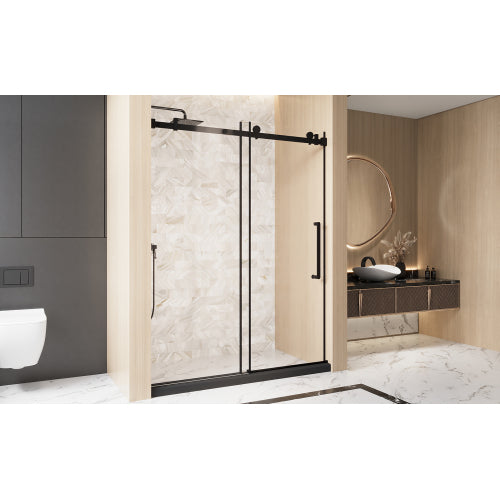 Frameless Single sliding shower door 56-60 "W x 76" H, 1/4 "(6 mm) Clear Tempered Glass, Explosion Proof Film, Stainless Steel Handle Square Tube Track ,Matte Black