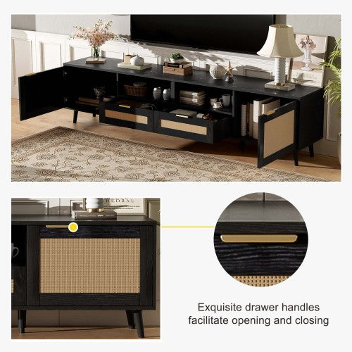 78.74 Inch Farmhouse Rattan TV Stand Solid Wood Leg Media Console Supports 85 Inch TV
