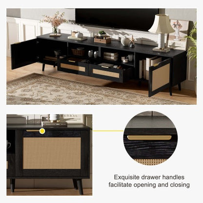 78.74 Inch Farmhouse Rattan TV Stand Solid Wood Leg Media Console Supports 85 Inch TV