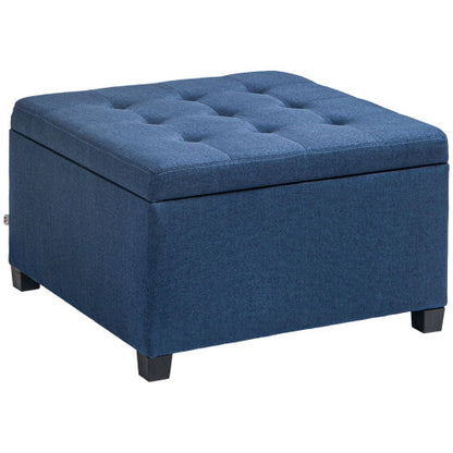 Blue Button Tufted Storage Ottoman with Flip Top, Eucalyptus Wood Frame Square Foot Stool with Safety Metal Hinge