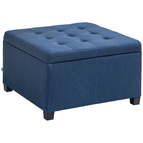 Blue Button Tufted Storage Ottoman with Flip Top, Eucalyptus Wood Frame Square Foot Stool with Safety Metal Hinge