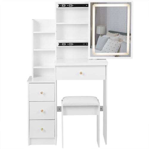 29.2inch  Small Size Left Bedside Cabinet LED Mirror Vanity Table + Cushioned Stool, Large Sliding, Touch Control, 3-color Switch, Brightness Adjust Mirror, High Capacity Storage, EPA, GCC, UL Certificate