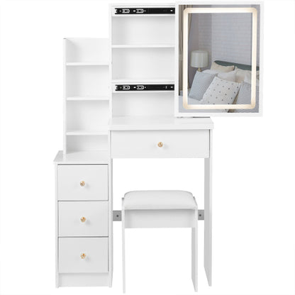 29.2inch  Small Size Left Bedside Cabinet LED Mirror Vanity Table + Cushioned Stool, Large Sliding, Touch Control, 3-color Switch, Brightness Adjust Mirror, High Capacity Storage, EPA, GCC, UL Certificate