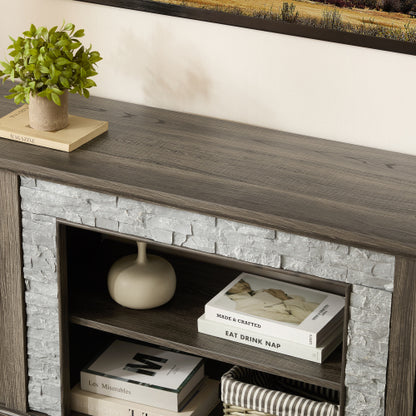 70 Inch Grey Faux Stone TV Stand 2-Door Media Console 6 Cable Holes Adjustable Shelves for TVs Up To 75 Inch