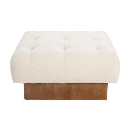 Beige Tufted Square Linen Ottoman, Breathable Fabric Foot Stool with Durable Rubber Wood Legs for Bedroom & Living Room
