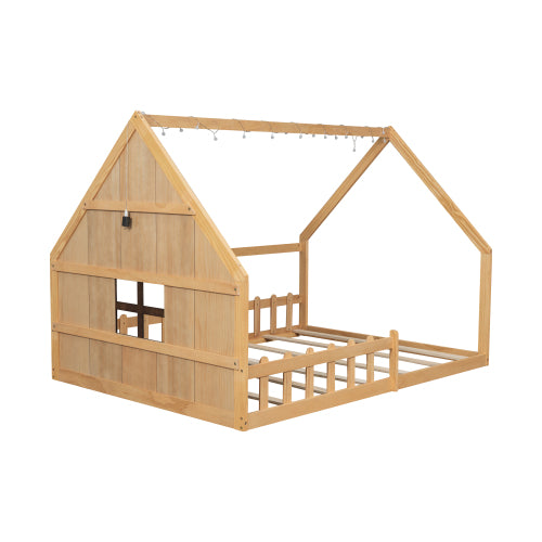 Full Size Wood House Bed with Window and Fence, Natural