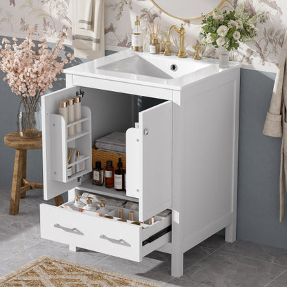 24-inch bathroom vanity with integrated undermount basin and a storage cabinet featuring 2 doors and 1 drawer. Includes double-layer door shelf, soft-close design, and versatile storage solutions