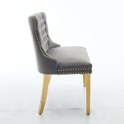 Velvet Double Dining Loveseat Bench, Kitchen & Dining Seating, 2-Seat Tufted Bench w/Handmade Buttons, Wing Back, Gold-Plated Steel Legs, Mid Century Modern,Single Pack,Gray,
