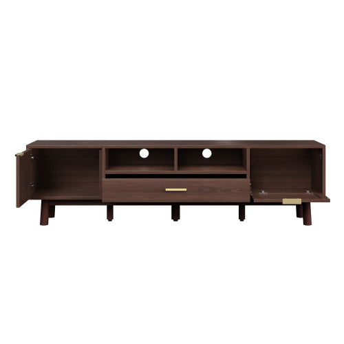 66.9 Inch Dark Brown Rattan TV Stand with Soft-Closing & Drop-Down Doors for 75 Inch TV
