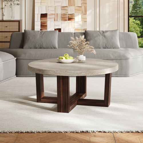 31.5inch  Round Coffee Table Marble Pattern Top Wood Grain Base Modern Accent