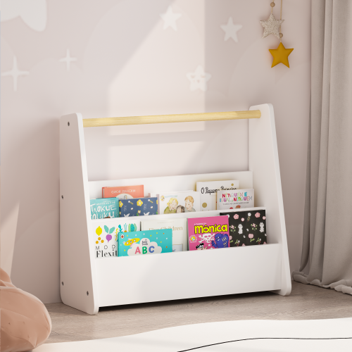 Kids Front-Facing Bookshelf with Wooden Handle 2-Tier White
