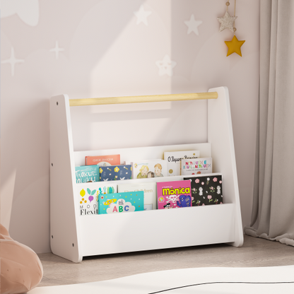 Kids Front-Facing Bookshelf with Wooden Handle 2-Tier White