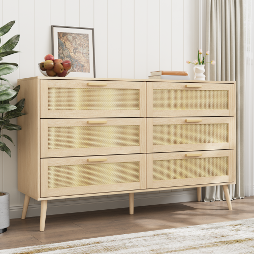 6 Drawers Chest of Dressers for Bedroom, Modern 6 Drawer Dresser, Wide Chest of Drawers with wood Handles, Rattan Dresser Storage Cabinet for Living Room, Bedroom, Hallway