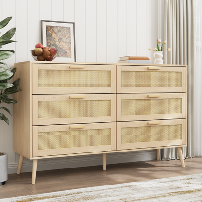 6 Drawers Chest of Dressers for Bedroom, Modern 6 Drawer Dresser, Wide Chest of Drawers with wood Handles, Rattan Dresser Storage Cabinet for Living Room, Bedroom, Hallway