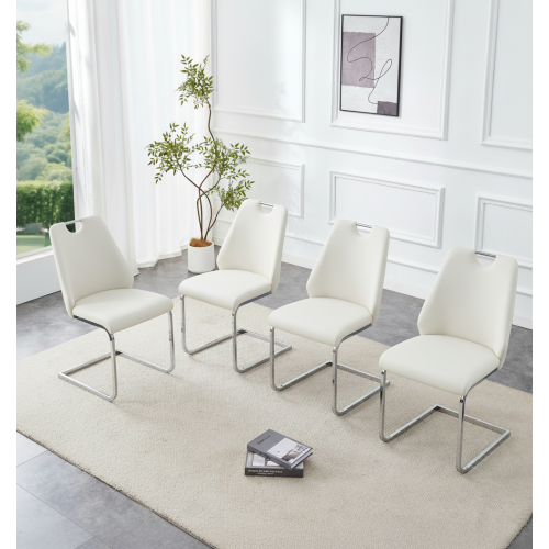 Dining Chairs Set of 4, White Faux Leather Chairs, Gold Mesh Texture & Chrome Pull Handle