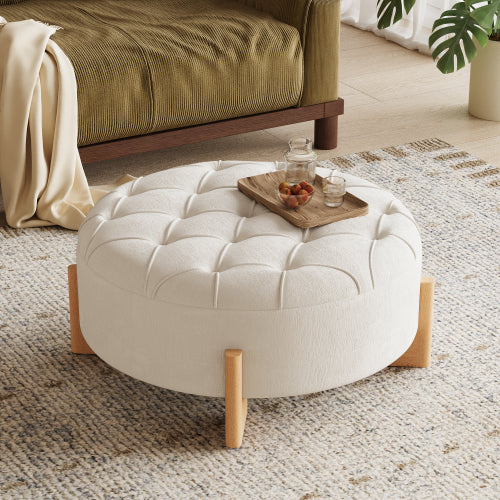 Beige Round Chenille Tufted Ottoman, 32 Inch Button Tuft Footrest with L-Shaped Rubberwood Legs, 250 LBS Capacity