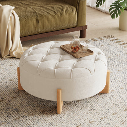 Beige Round Chenille Tufted Ottoman, 32 Inch Button Tuft Footrest with L-Shaped Rubberwood Legs, 250 LBS Capacity