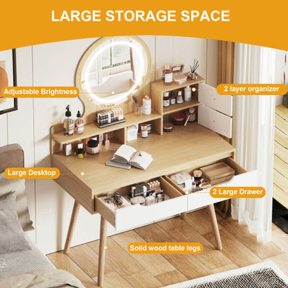 Makeup Vanity Desk with 3 Adjustable Lighted Mirror with solid wood table feet , Dressing Table Set with 4 drawers and 3 open shelves  for Small space Bedroom