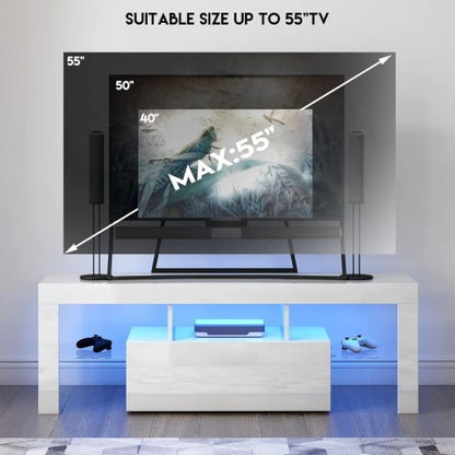 51 Inch High Gloss White LED TV Stand with Flip Door & Glass Shelf for 55 Inch TV