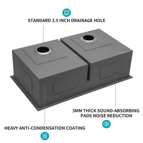 Double Bowl(50/50) Undermount Sink- 36" x 19" x 10" Double Bowl Kitchen Sink 16 Gauge with Two 10" Deep Basin