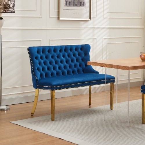 Velvet Double Dining Loveseat Bench, Kitchen & Dining Seating, 2-Seat Tufted Bench w/Handmade Buttons, Wing Back, Gold-Plated Steel Legs, Mid Century Modern,Single Pack,Blue