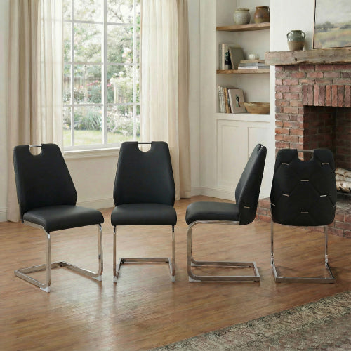 Dining Chairs Set of 4, Black Faux Leather Chairs, Gold Mesh Texture & Chrome Pull Handle
