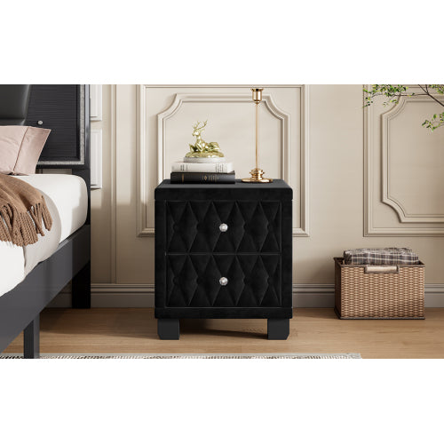 Elegant Velvet Nightstand with 2 Drawers and Crystal Handle, Storage Bedside Table with Button-Tufted, Black