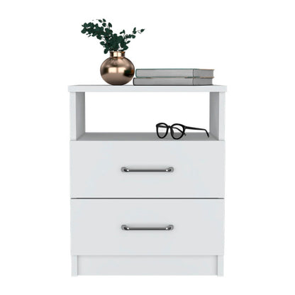 White 2-Drawer Nightstand with Open Shelf