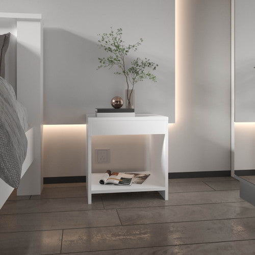 White Minimalist Single Shelf Nightstand, FSC Certified