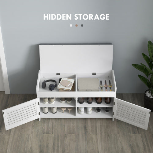 Shoe Bench, Entryway Bench with Shoe Storage, Cushion, Hidden Compartments, Adjustable Shelves and Shutter Doors, 35.4inch  Shoe Organizer for Entryway, Hallway, Holds Up to 352 lbs., White
