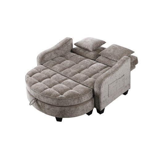 Brown 2-Seater Irregular-Shape Sofa Chaise, Storage Footrest, 2 Throw Pillows