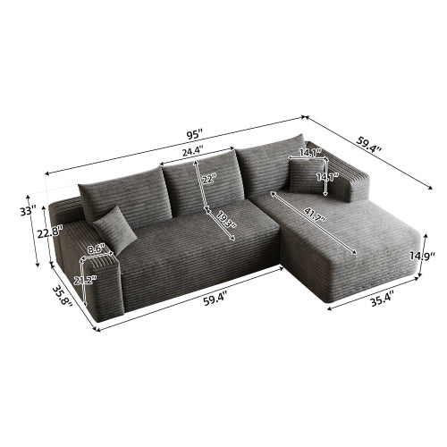 95-Inch Dark-Grey Plush Corduroy U-Shaped Cloud Modular Sectional Deep-Seat Corner Sofa No-Assembly for Living-Room