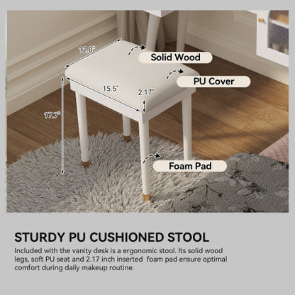 White Multi Purpose Vanity Table & Stool Set, Built in 2 Outlet & 2 USB Charging Port, Carved Glass Cabinet