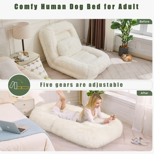 Beige 5-Position Adjustable Human-Size Floor Sofa Bed, Plush Faux Fur