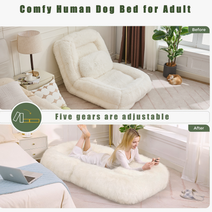 Beige 5-Position Adjustable Human-Size Floor Sofa Bed, Plush Faux Fur
