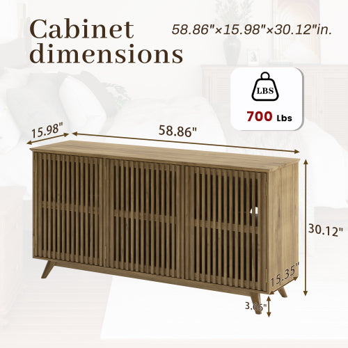 58.86 Inch Solid Knot-Free Pine Mid-Century TV Stand with Adjustable Shelf & Push-to-Open Doors