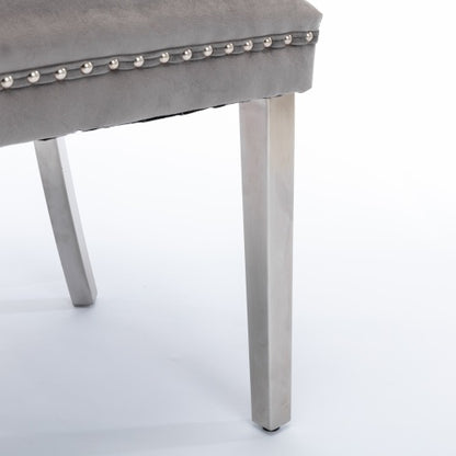 Single Gray & Chrome Tufted Velvet Dining Chair, Solid Wood Frame, Nailhead Trim, Chrome Plated Stainless Steel Legs