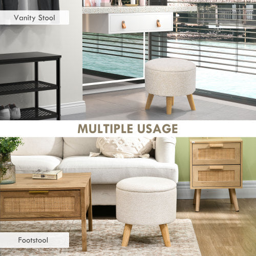 Cream White Round Linen Storage Ottoman, Cushioned Top Oak Leg Stool, 15.25 inch, 264 LBS Capacity