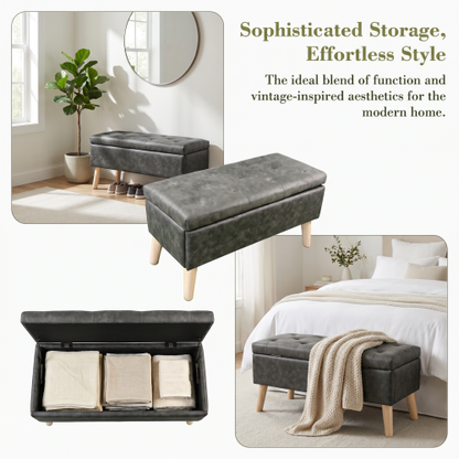 32 inch Square Storage Ottoman Bench with Built-in Tray, Upholstered Multi-Purpose Footrest, End of Bed Bench for Bedroom & Living Room