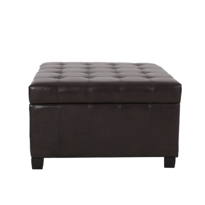 Dark Brown PU Leather Tufted Storage Ottoman with Waffle Stitch