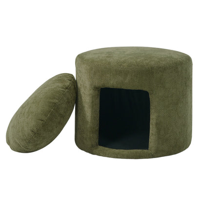 23.6 inch Round Green Pet Friendly Ottoman with Hidden Pet Nook, Acacia Wood Legs, 220 LBS Loading Capacity